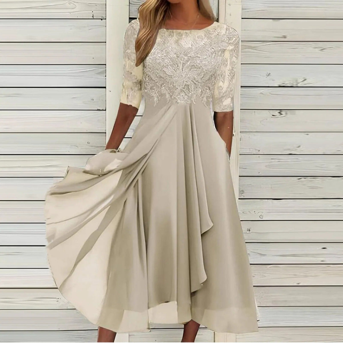 Women's draped elegant evening dress in blue, pink, white and green, shown for womenswear styling