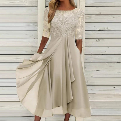 Women's draped elegant evening dress in blue, pink, white and green, shown for womenswear styling