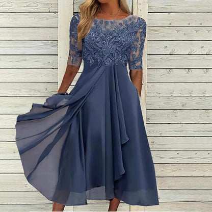 Women's draped elegant evening dress in blue, pink, white and green, shown for womenswear styling