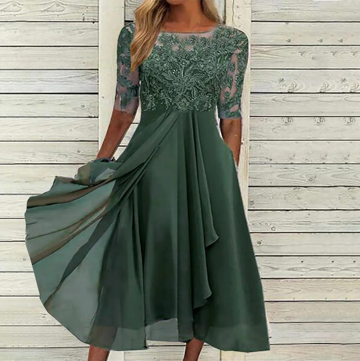 Women's draped elegant evening dress in blue, pink, white and green, shown for womenswear styling