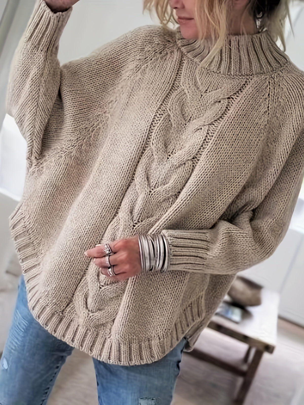 Kessoro women's high-neck cable-knit loose sweater in khaki, grey, pink, black and red – view 5