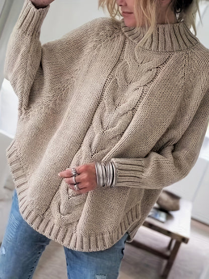 Kessoro women's high-neck cable-knit loose sweater in khaki, grey, pink, black and red – view 5