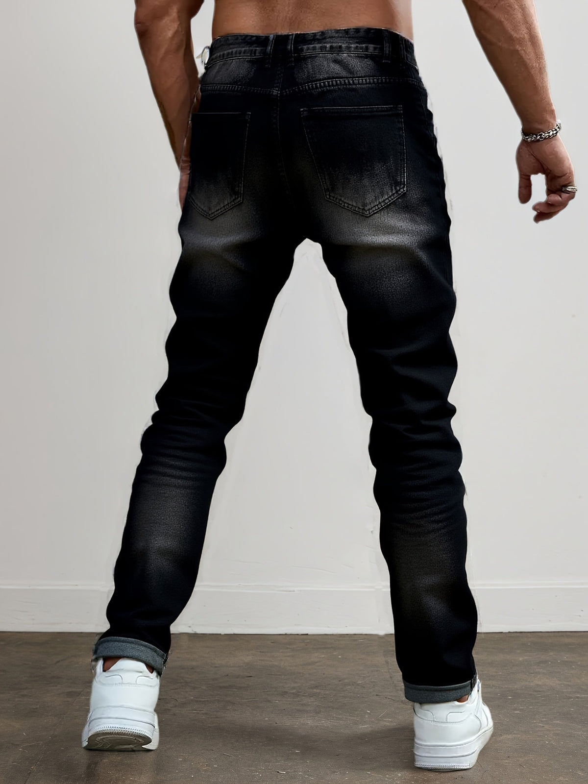 Men's distressed relaxed straight-leg jeans in dark gray denim, colour option 1 front view