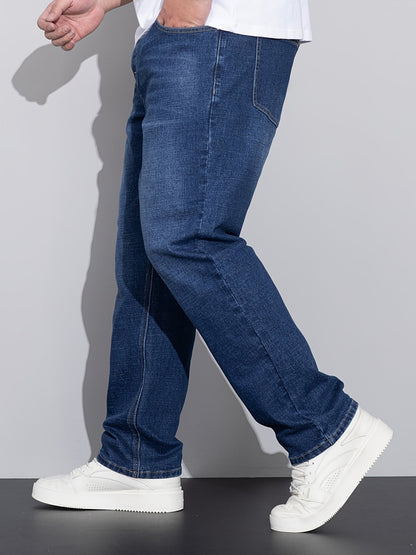 Men's mid-rise straight-leg stretch jeans in blue and black denim, colour option 1 side view