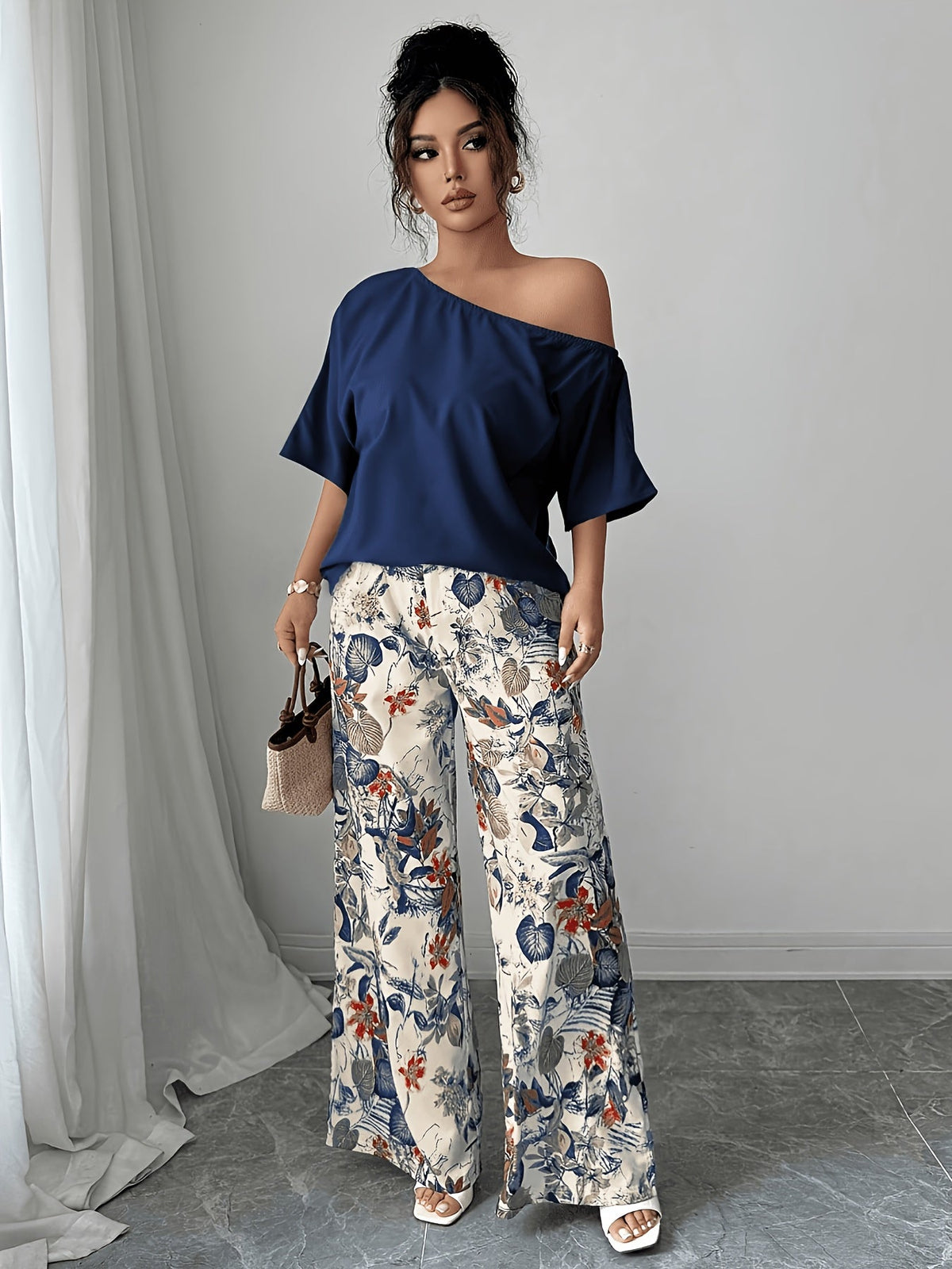 Kessoro women's off-shoulder wide-leg two-piece set in blue and pink, view 3