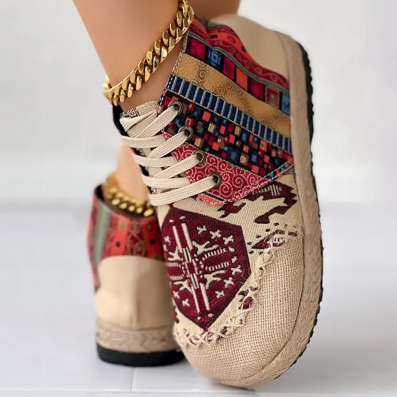Kessoro women's boho woven pattern platform high-top sneakers in red and blue - view 2