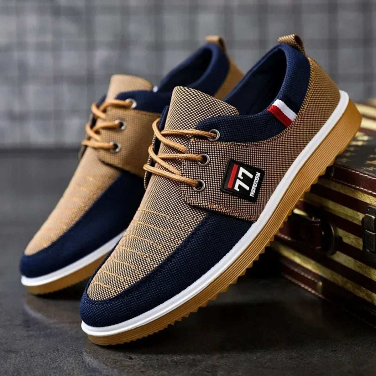 Kessoro men's two-tone canvas cushioned lace-up shoes in brown and navy blue colorways - men's footwear