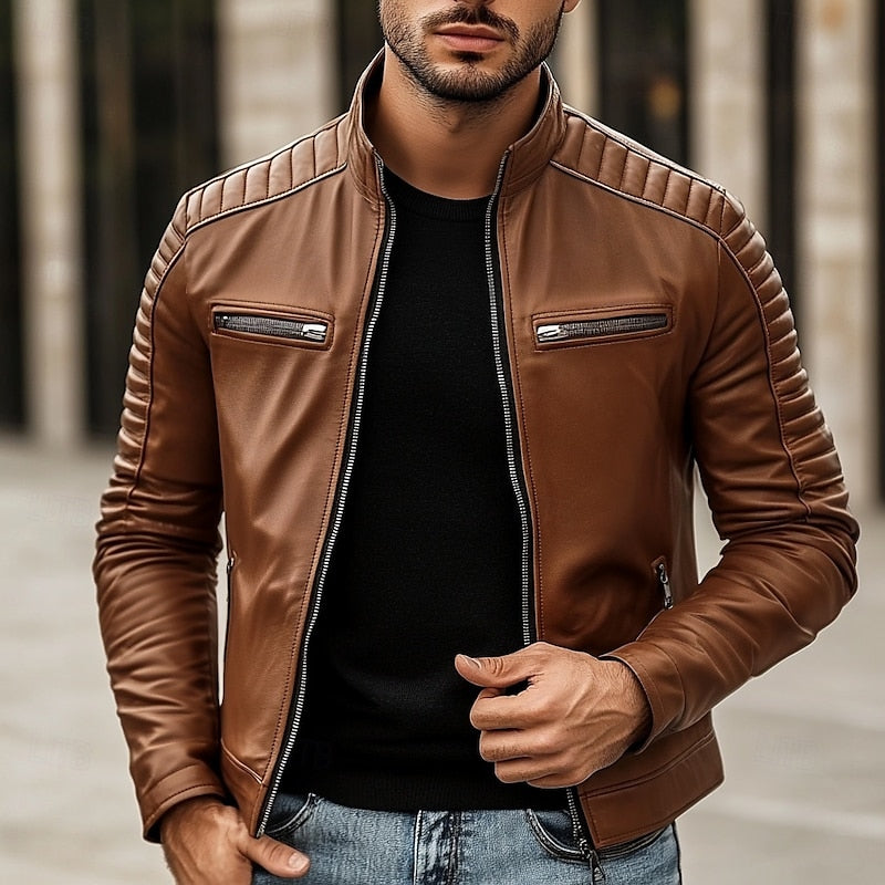 Kessoro men's classic stand-collar biker jacket in yellow, coffee and black – image 1 of 7