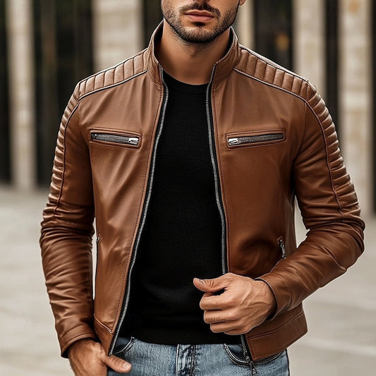 Kessoro men's classic stand-collar biker jacket in yellow, coffee and black – image 1 of 7