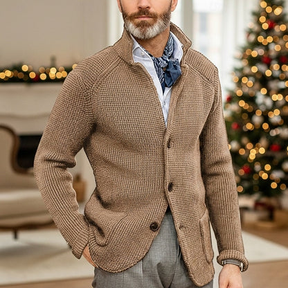 Kessoro men's waffle-knit stand-collar button cardigan in blue, navy or red brown