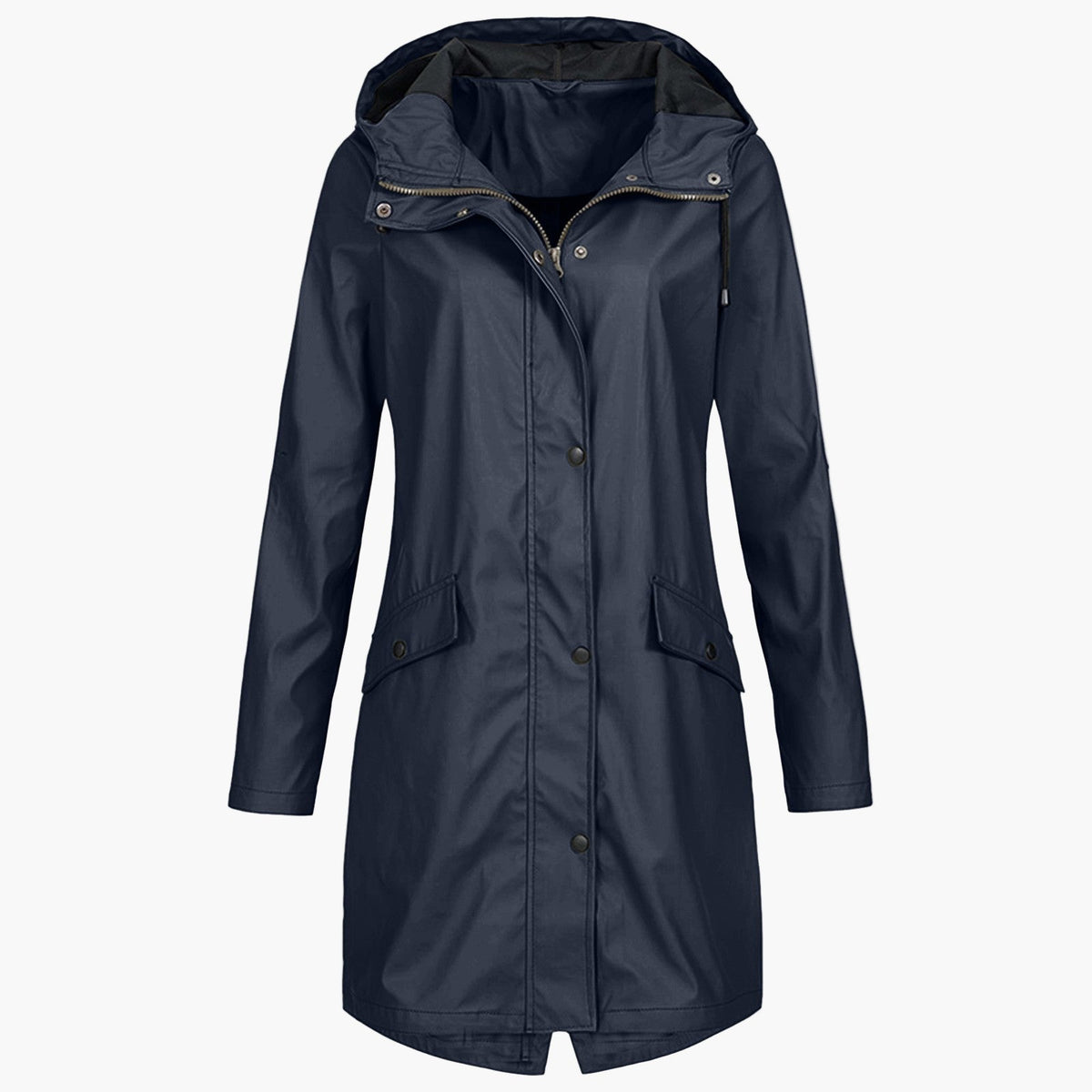 Women's long hooded waterproof raincoat in a versatile neutral colour family (view 1)