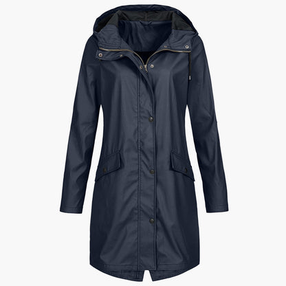 Women's long hooded waterproof raincoat in a versatile neutral colour family (view 1)
