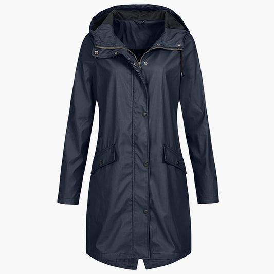 Women's long hooded waterproof raincoat in a versatile neutral colour family (view 1)