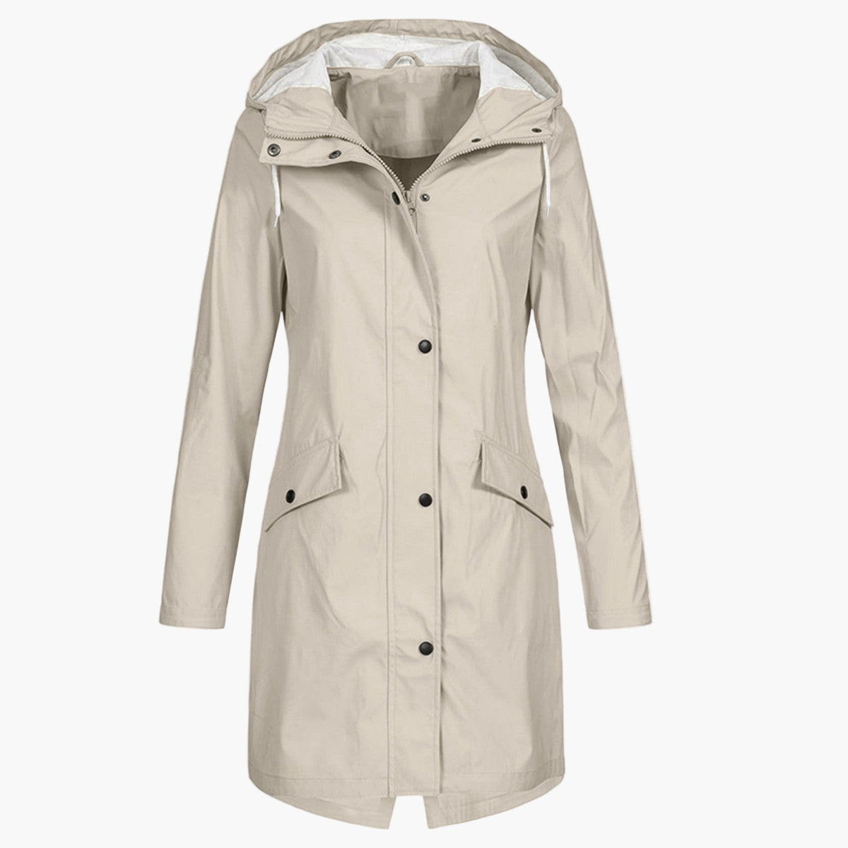 Women's long hooded waterproof raincoat in a versatile neutral colour family (view 2)