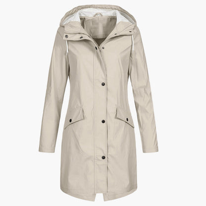 Women's long hooded waterproof raincoat in a versatile neutral colour family (view 2)