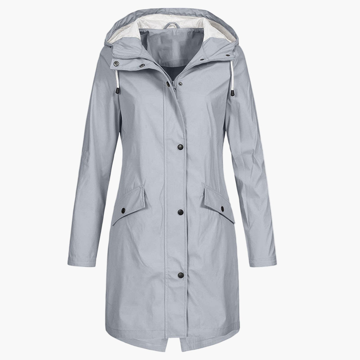 Women's long hooded waterproof raincoat in a versatile neutral colour family (view 3)