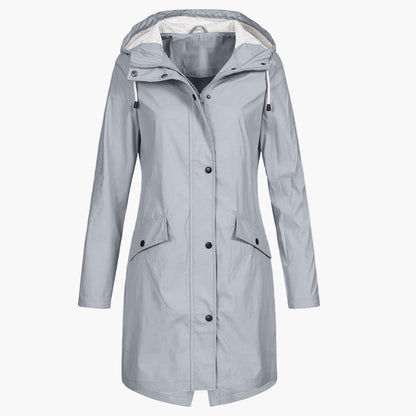 Women's long hooded waterproof raincoat in a versatile neutral colour family (view 3)