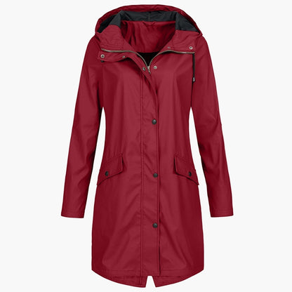 Women's long hooded waterproof raincoat in a versatile neutral colour family (view 4)