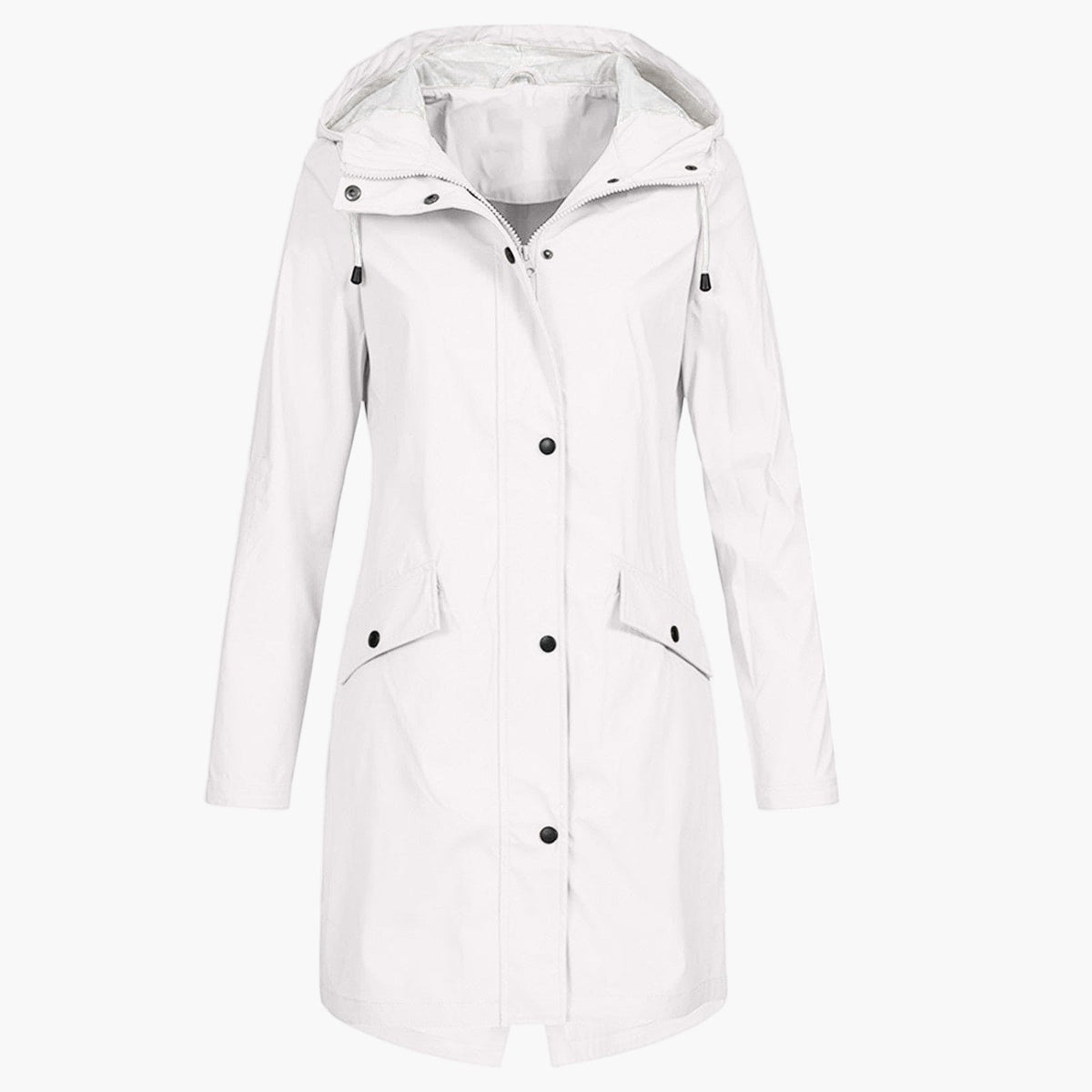 Women's long hooded waterproof raincoat in a versatile neutral colour family (view 5)