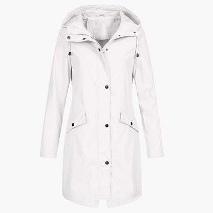 Women's long hooded waterproof raincoat in a versatile neutral colour family (view 5)