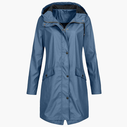Women's long hooded waterproof raincoat in a versatile neutral colour family (view 6)