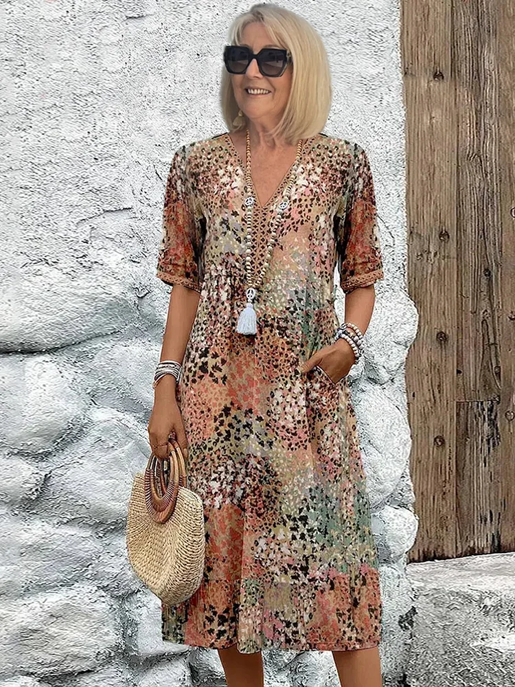 Kessoro women's vibrant print flowing midi dress in scarlet red, ocean blue, blush pink, lavender purple and sandy beige