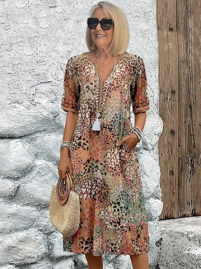 Kessoro women's vibrant print flowing midi dress in scarlet red, ocean blue, blush pink, lavender purple and sandy beige