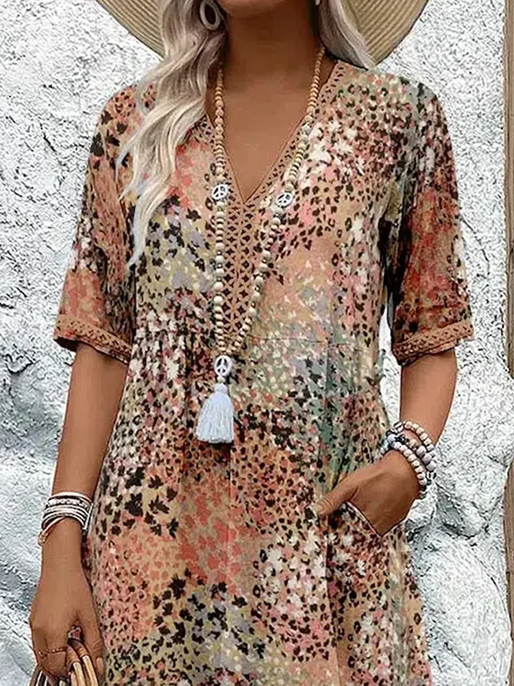 Kessoro women's vibrant print flowing midi dress in scarlet red, ocean blue, blush pink, lavender purple and sandy beige