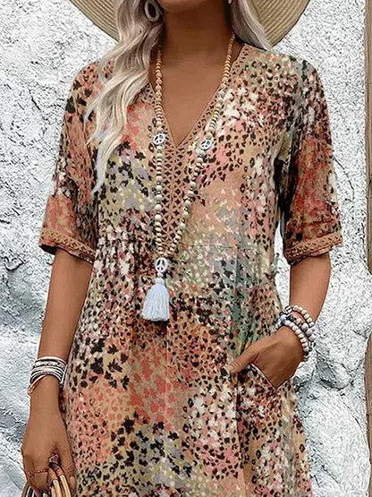Kessoro women's vibrant print flowing midi dress in scarlet red, ocean blue, blush pink, lavender purple and sandy beige
