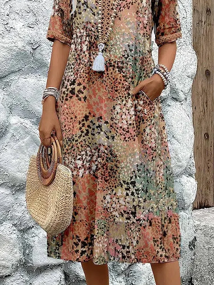 Kessoro women's vibrant print flowing midi dress in scarlet red, ocean blue, blush pink, lavender purple and sandy beige