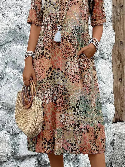 Kessoro women's vibrant print flowing midi dress in scarlet red, ocean blue, blush pink, lavender purple and sandy beige