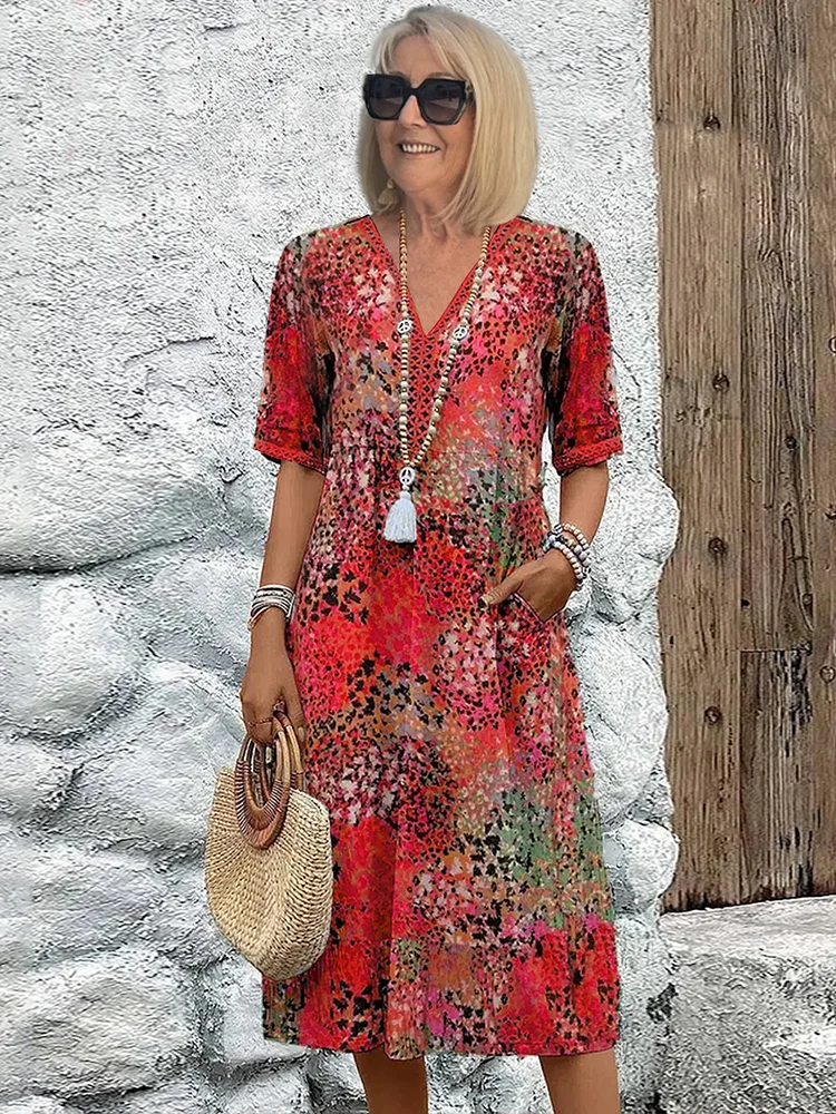 Kessoro women's vibrant print flowing midi dress in scarlet red, ocean blue, blush pink, lavender purple and sandy beige