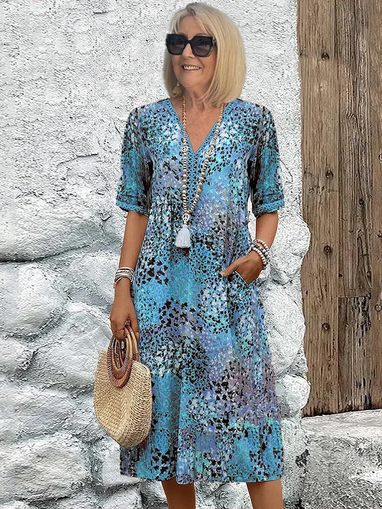 Kessoro women's vibrant print flowing midi dress in scarlet red, ocean blue, blush pink, lavender purple and sandy beige