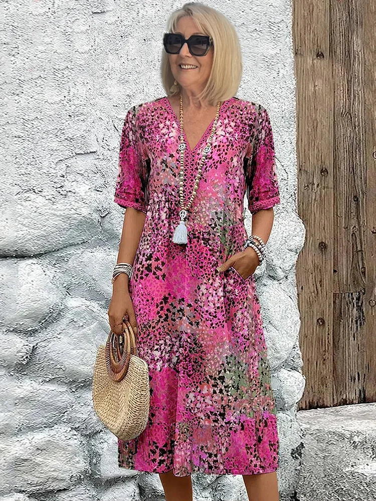 Kessoro women's vibrant print flowing midi dress in scarlet red, ocean blue, blush pink, lavender purple and sandy beige