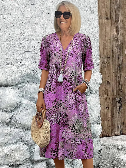 Kessoro women's vibrant print flowing midi dress in scarlet red, ocean blue, blush pink, lavender purple and sandy beige