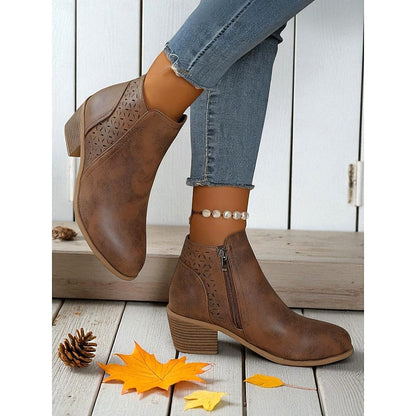 Kessoro women's cutout side-zip low block heel ankle boots in brown, khaki, black and blue - view 3