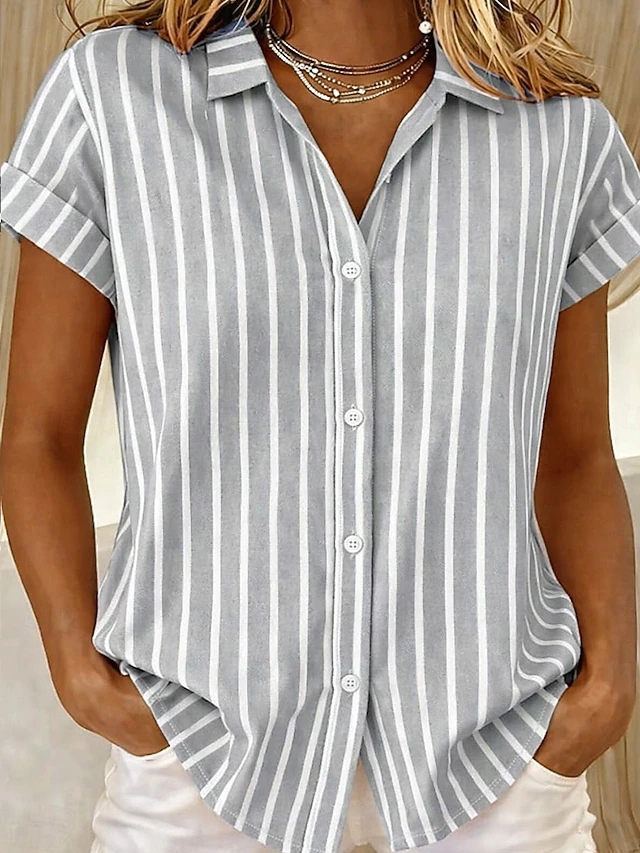 Kessoro Women's striped short-sleeve button-front blouse in blue, pink, green and more, view 1