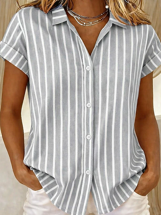 Kessoro Women's striped short-sleeve button-front blouse in blue, pink, green and more, view 1