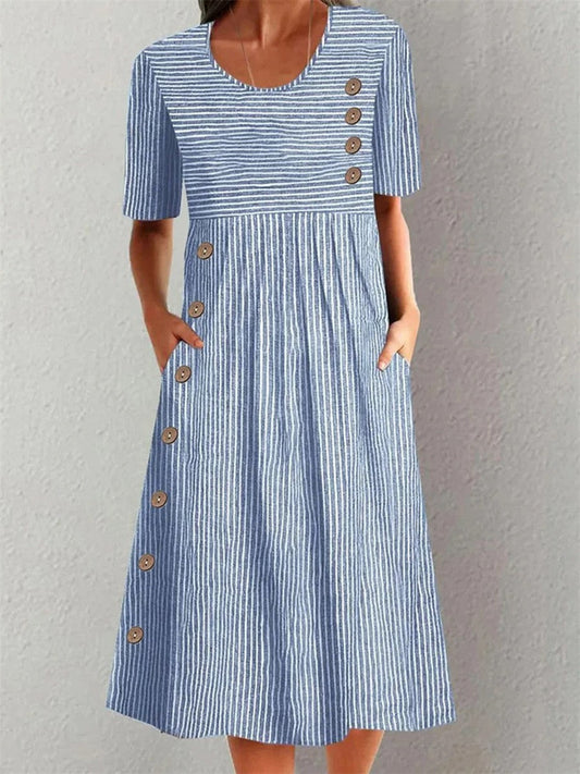 Women's striped relaxed summer dress in blue, black and beige