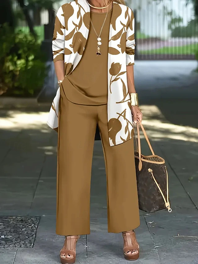Kessoro Women's floral open layer, top and wide-leg trousers three-piece set in blue, black, green and more, view 1