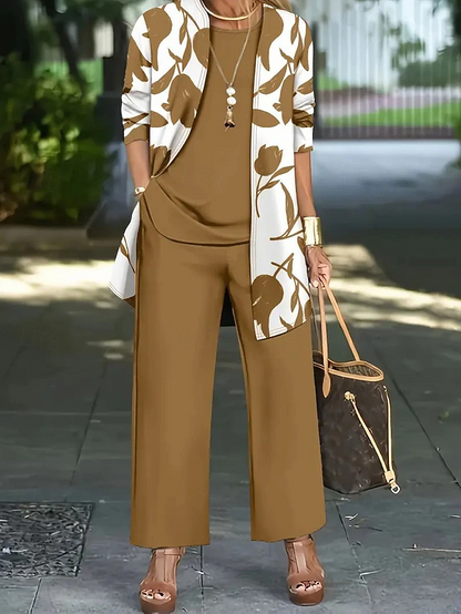 Kessoro Women's floral open layer, top and wide-leg trousers three-piece set in blue, black, green and more, view 1