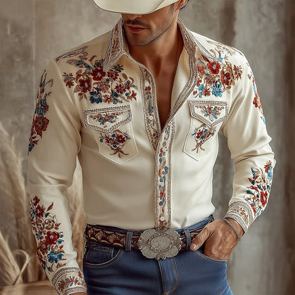 Kessoro men's floral embroidered western button-up shirt in beige and pink