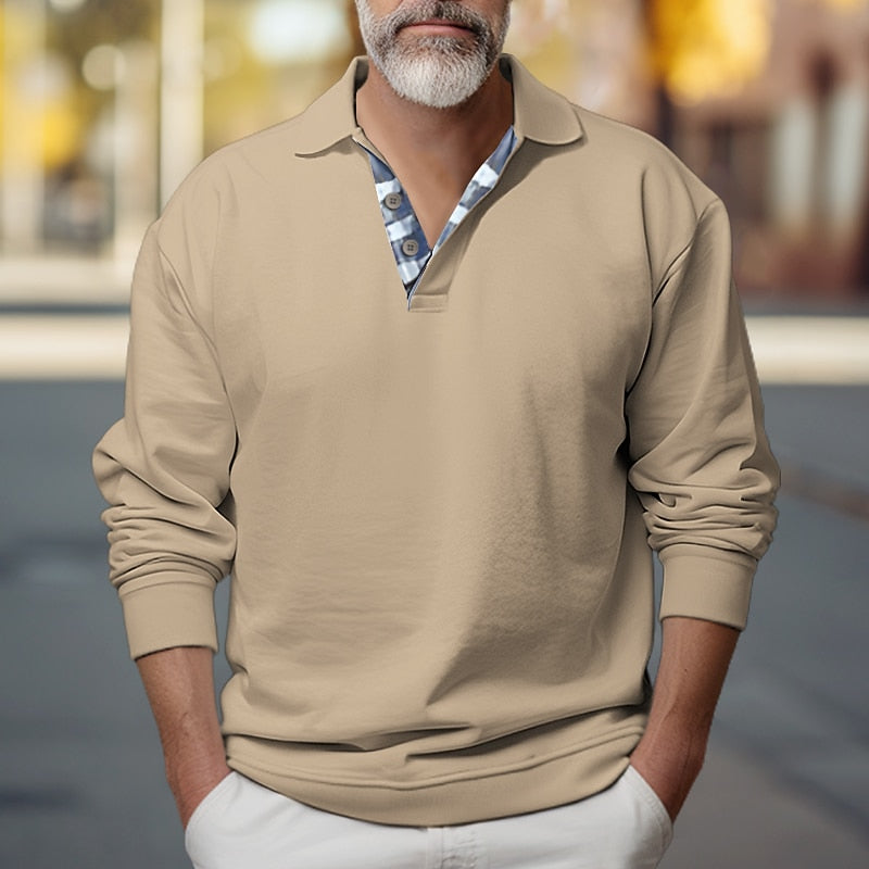 Kessoro men's polo-collar button sweatshirt in blue, white, black, khaki and grey