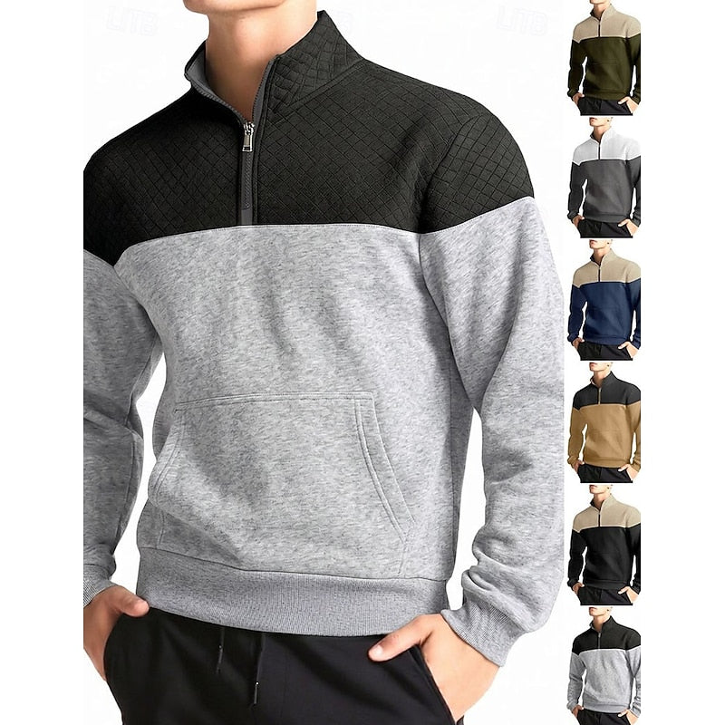 Kessoro men's textured quarter-zip color block sweatshirt in grey, army green, navy and khaki