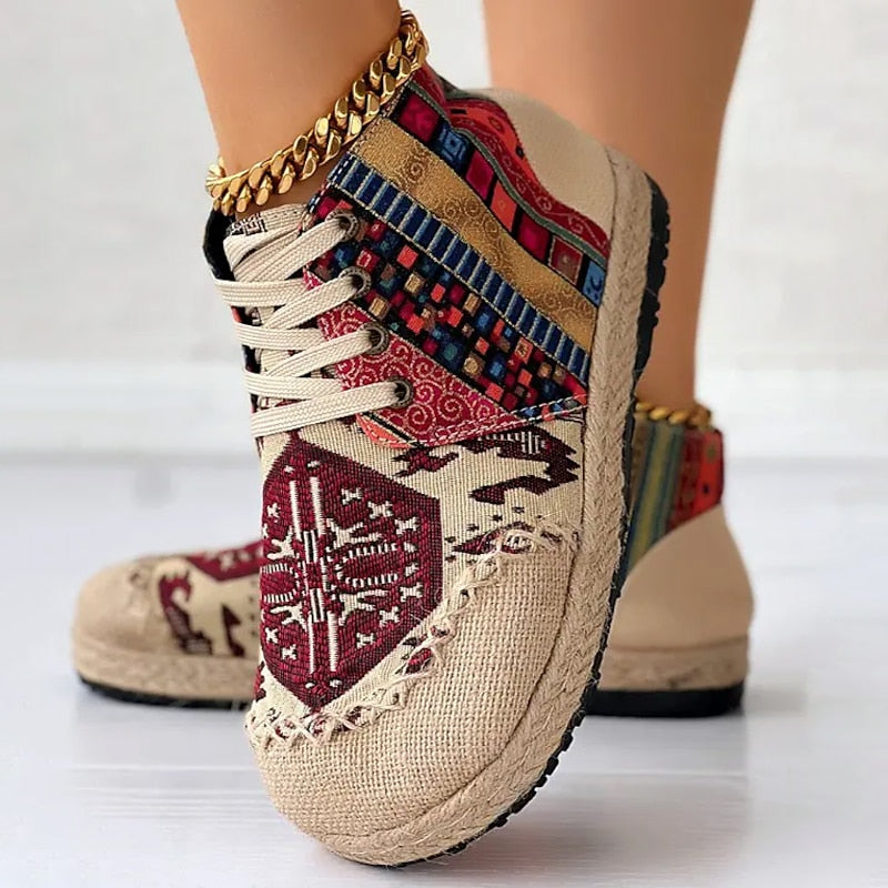 Kessoro women's boho woven pattern platform high-top sneakers in red and blue - view 7