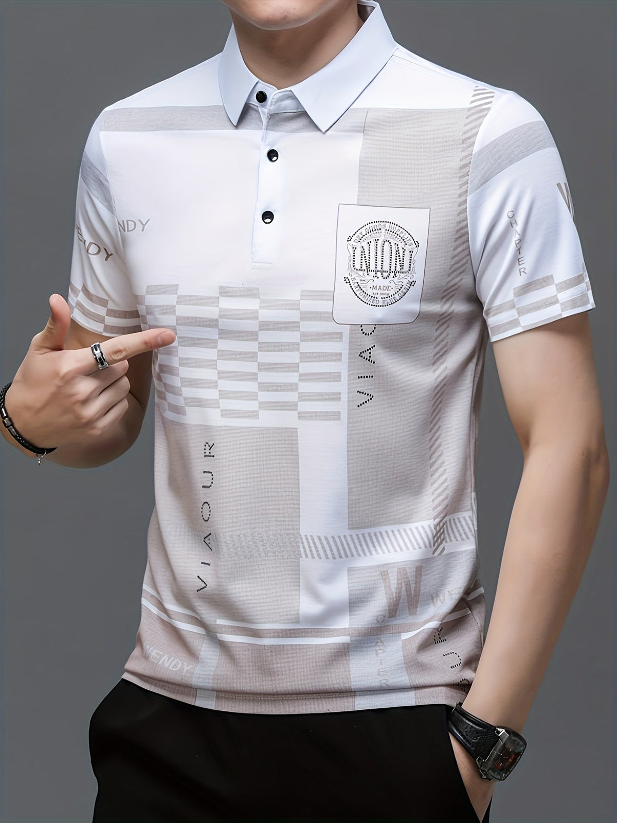 Men's colorblock short-sleeve polo shirt in black, navy blue and white — Kessoro, image 8 of 14