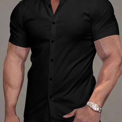 Kessoro men's refined short-sleeve button-up shirt shown in eleven colourways including white, black, navy and army green on a male model