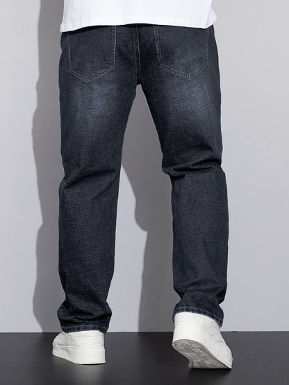 Men's mid-rise straight-leg stretch jeans in blue and black denim, colour option 2 back view