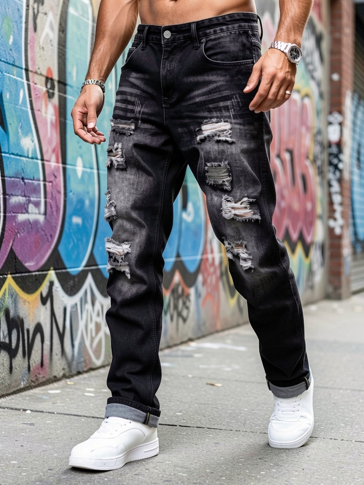 Men's distressed relaxed straight-leg jeans in dark gray denim, close-up view