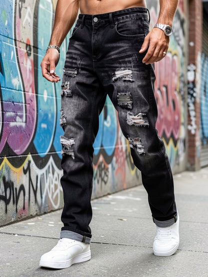 Men's distressed relaxed straight-leg jeans in dark gray denim, close-up view
